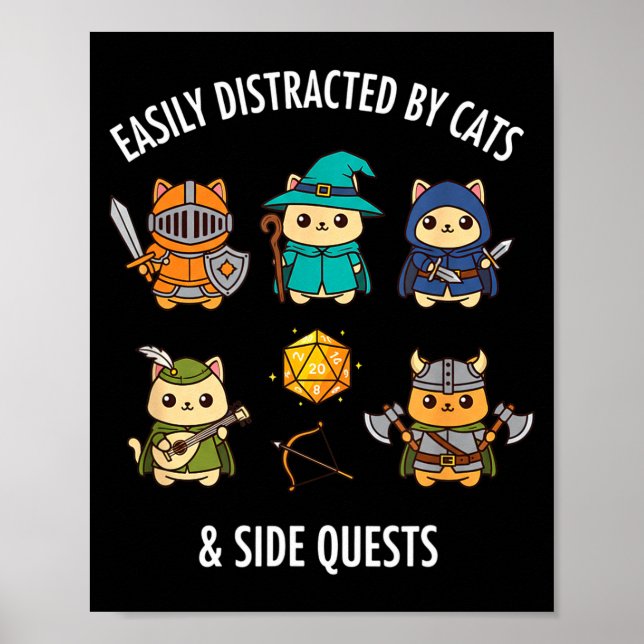 Poster Cat Easily Distracted By Cat &amp; Side Quests Rpg (Devant)