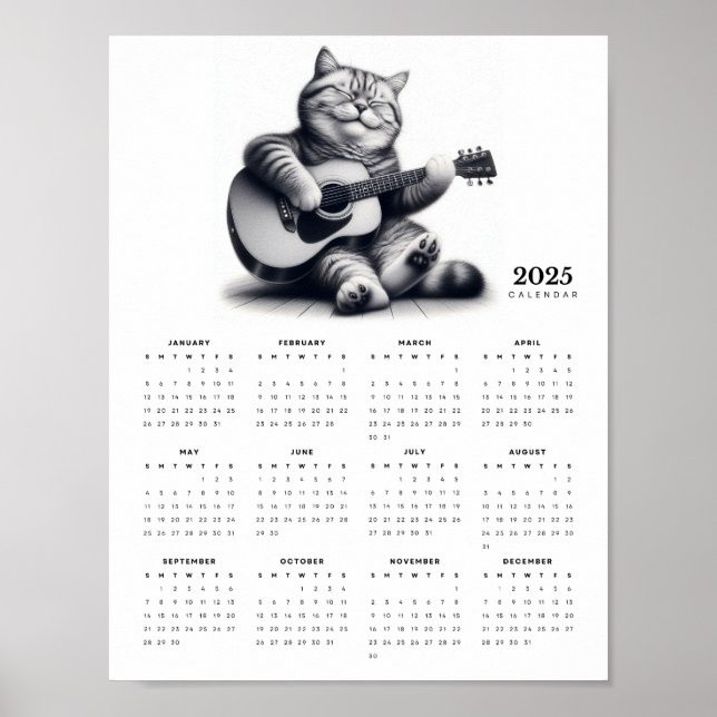 Poster Cat Guitariste 2025 Calendrier Feline Musicale Fin (Devant)