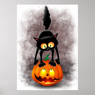 Poster Cat Halloween Scared Cartoon Character standing on