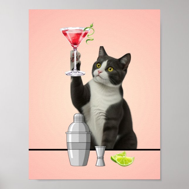 Poster Cat holding Pink Martini Pink Background Art (Devant)