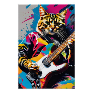 Poster Cat joue de la guitare, graffiti rock