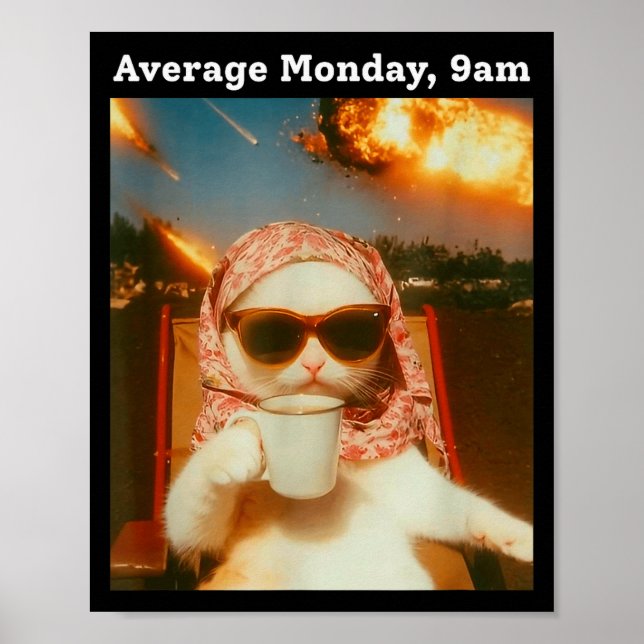 Poster Cat Meme Average Monday 9am Funny Sarcastic Back T (Devant)
