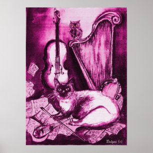 Poster CAT MUSICAL, PInk violet et blanc