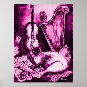Poster CAT MUSICAL, PInk violet et blanc