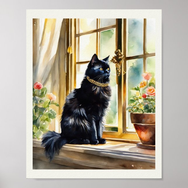 Poster Cat perse noir aquarelle couleur or col (Devant)