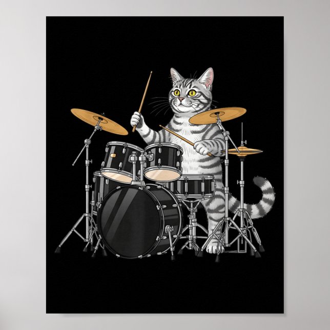 Poster Cat Playing Drums Drumset Drumkit Drumming Drum Dr (Devant)