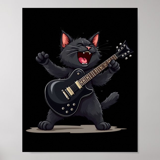 Poster Cat Playing Guitar Rock And Roll Rock Star Funny  (Devant)