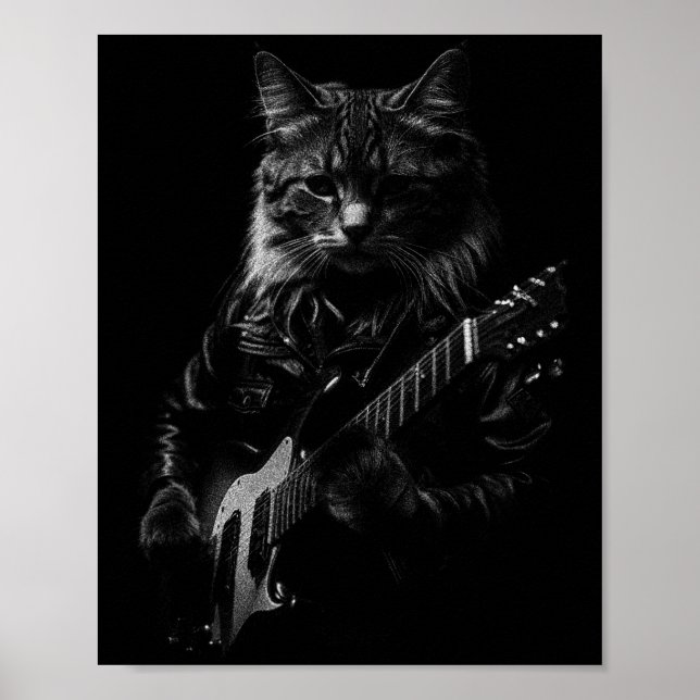 Poster Cat Playing Guitar Rock Star Rock And Roll Men Wom (Devant)
