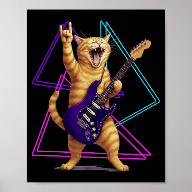 Poster Cat Playing Guitar Rock Star Rock And Roll Men Wom (Devant)