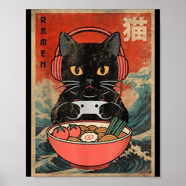 Poster Cat Ramen Japanese Funny Graphic Kawaii Anime  (Devant)