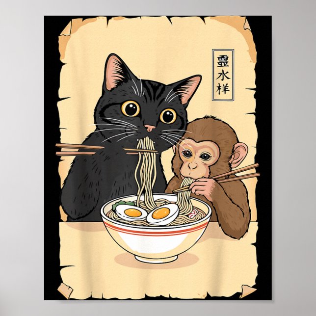 Poster Cat Ramen Monkey Shirt Funny Cat Monkey Eating Ram (Devant)