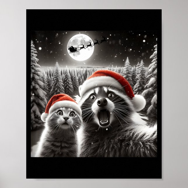 Poster Cat Selfie Racoon Funny Santa Christmas Dog  (Devant)