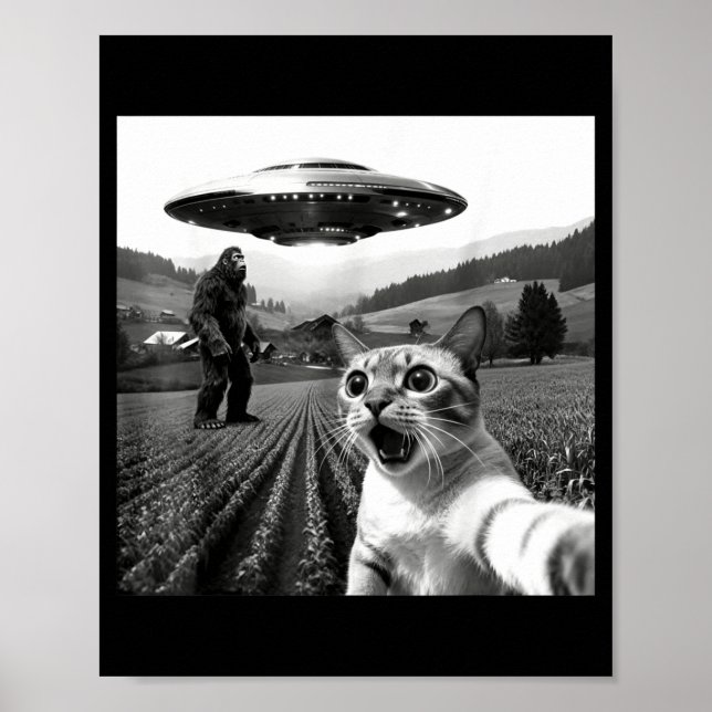 Poster Cat Selfie With Alien Ufo Funny Cat Alien Bigfoot  (Devant)