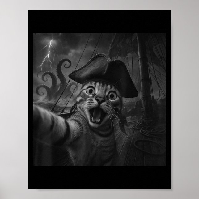 Poster Cat Selfie With Kraken Octopus Funny Meme Men Wome (Devant)