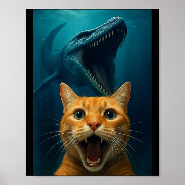 Poster Cat Selfie With Mosasaurus Dinosaur For Boys Kids  (Devant)