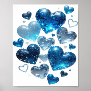 Poster Catchy Silver BLUE HEARTS Texte Art 3D