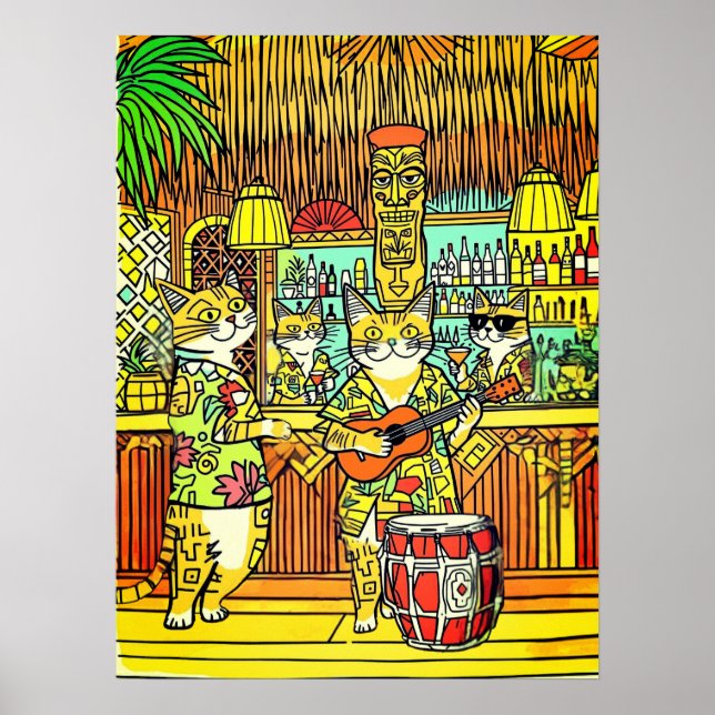 Poster Cats on an Island Vacation in a Tiki Bar (Devant)