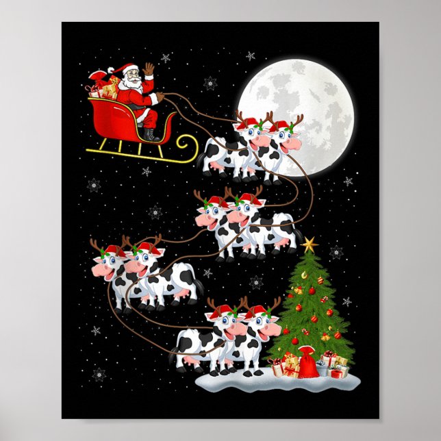 Poster Cattle Cow Santa Sleigh Flying Funny Magical Chris (Devant)
