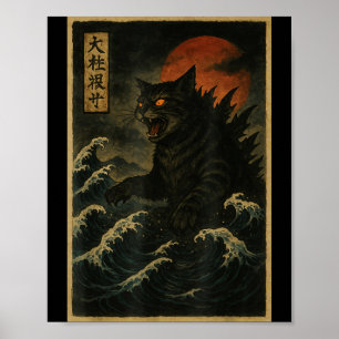 Poster Catzilla Chat Art Japonais Drôle de Chat Pour Homm