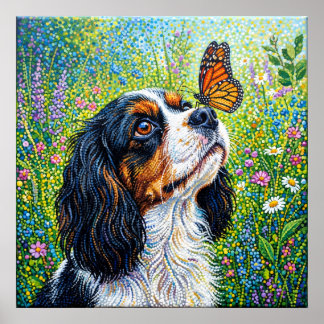 Poster Cavalier King Charles Spaniel Papillon Jardin Pos
