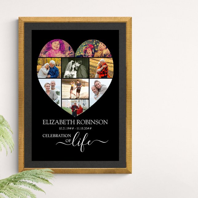 Poster Célébration de la vie Coeur en forme 9 Photo Colla (Funeral memorial poster to order professionally printed or as a printable digital download)