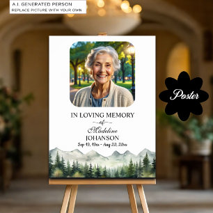 Poster Célébration de la vie funéraire Montagnes et Arbre