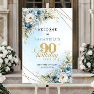 Poster Célébrez Boho bleu poussiéreux or 90 anniversaire 