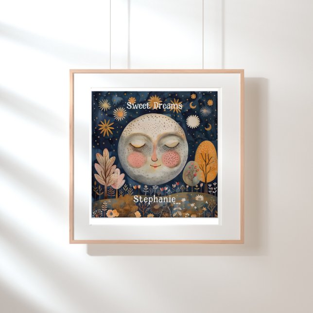 Poster Céleste Lune Sweet Dreams Enfants Personnalisé Nom (Celestial Moon Kids Custom Name Cute Poster)