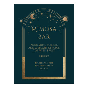 Poster Céleste Vert Or Mimosa Bar Sun Moon Stars