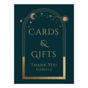 Poster Céleste Vert Or Soleil Lune Étoiles Cartes et cade