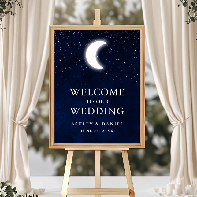 Poster Celestial Blue Sky Moon Stars Mariage Bienvenue (Customize to change text color, text size, text style or size of poster.)