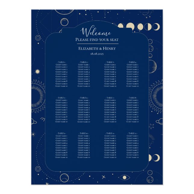 Poster Celestial moon sun stars navy wedding seating plan (Devant)