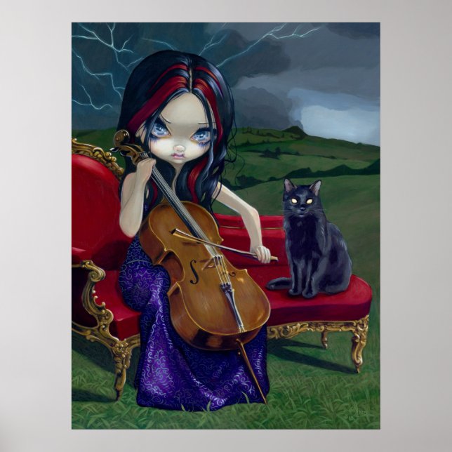Poster Cello Storm Art Imprimer chat noir musique gothiqu (Devant)