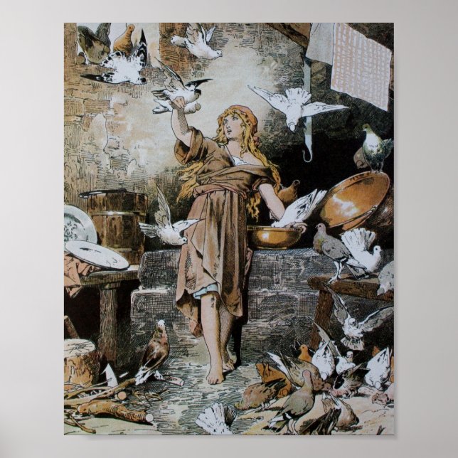 Poster Cendrillon vintage nourrissant les oiseaux (Devant)