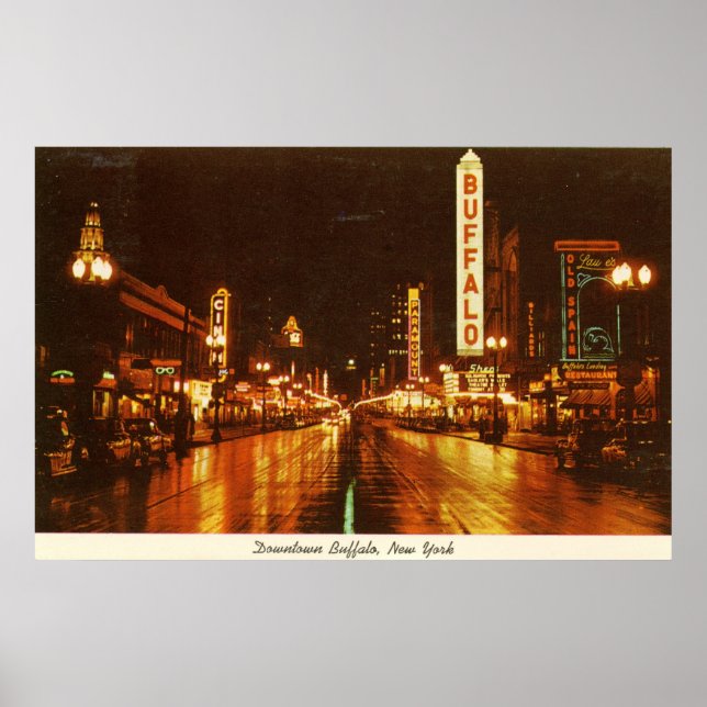 Poster Centre-ville Buffalo NY la nuit Vintage (Devant)