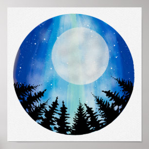 Poster Cercle abstrait Ciel nocturne Bois Pleine Lune Éto
