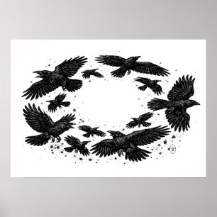 Poster Cercle de corbeaux – Illustration à l'encre hantée