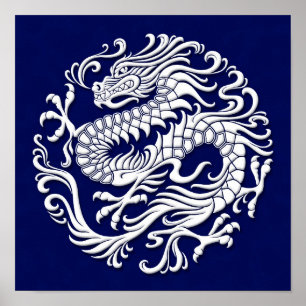 Poster Cercle de dragon chinois traditionnel blanc et ble