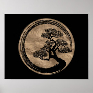 Poster Cercle de zen d'Enso et or d'arbre de bonsaïs