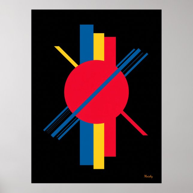 Poster Cercle rouge avec Bars Bauhaus Bleu et Jaune (Devant)