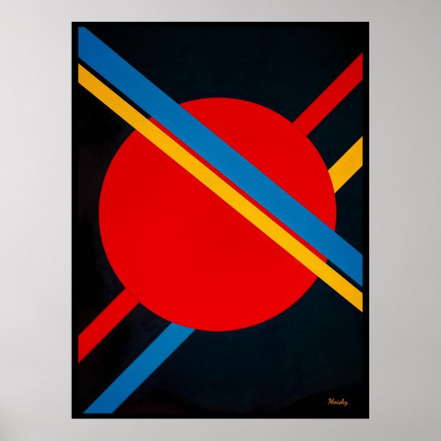 Poster Cercle rouge avec diagonales bleu et jaune Bauhaus (Devant)