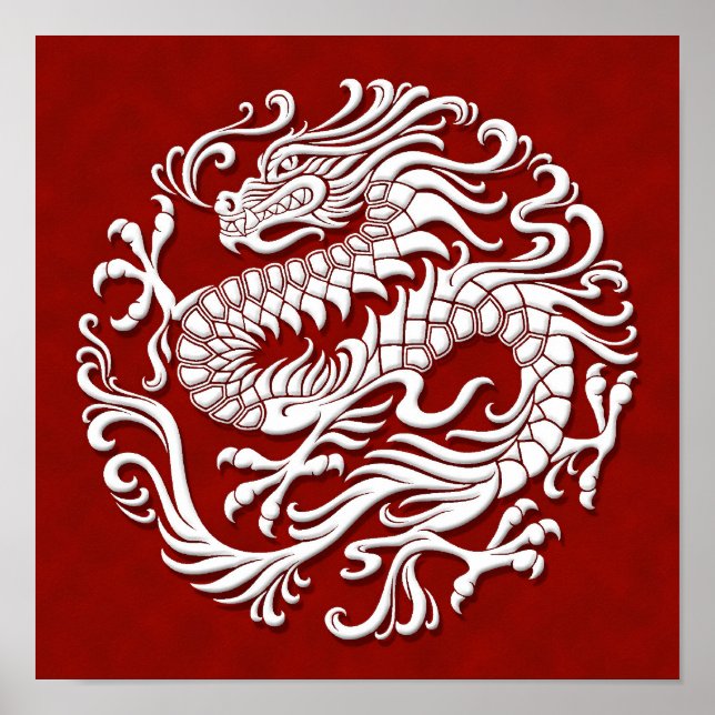 Poster Cercle traditionnel de dragon chinois blanc et rou (Devant)