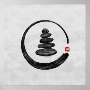 Poster Cercle Zen Enso et pierres Zen - Aquarelle
