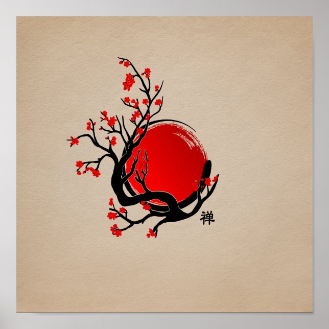 Poster Cercle Zen Enso, Soleil et Rouge Sakura Blossom (Devant)