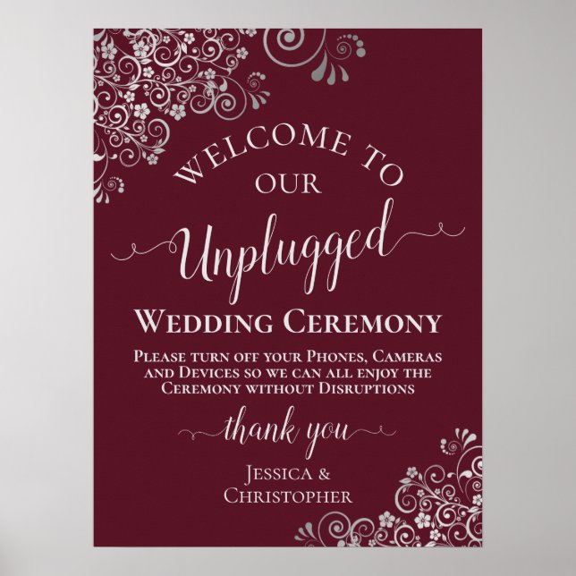 Poster Cérémonie de Mariage débranché Chic Bourgogne et A (Devant)