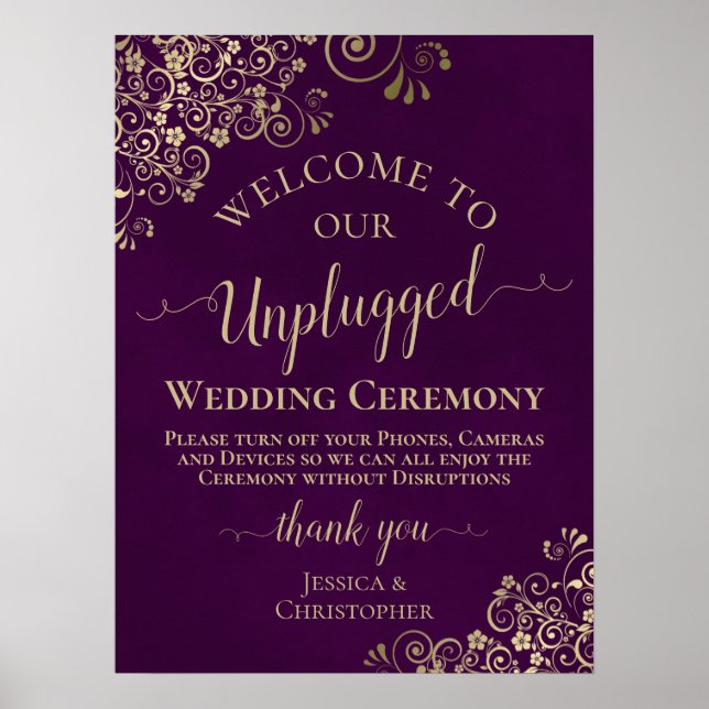 Poster Cérémonie de Mariage Plum Purple & Gold Chic Unplu (Devant)