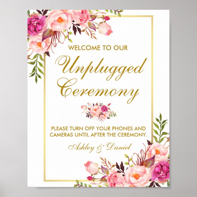 Poster Cérémonie florale de Mariage rose or débranché (Devant)