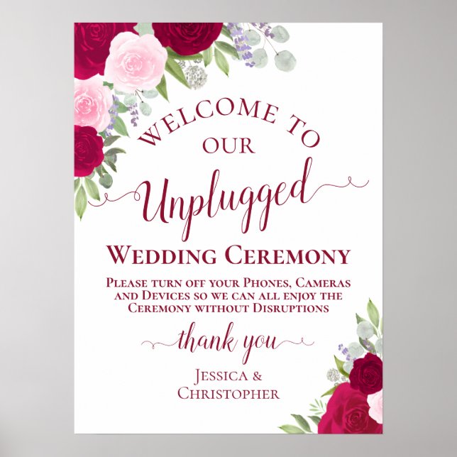 Poster Cérémonie Mariage de Magenta & Pink Floral débranc (Devant)