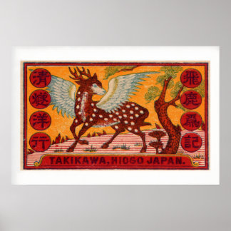 Poster Cerf ailé Hyogo Japon Étiquette de boîte d'allumet