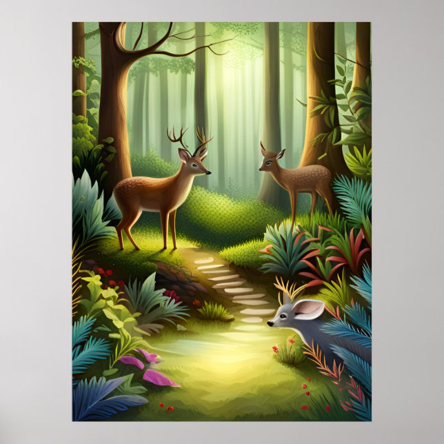 Poster Cerf animal forestier en forêt IA Générique (Devant)